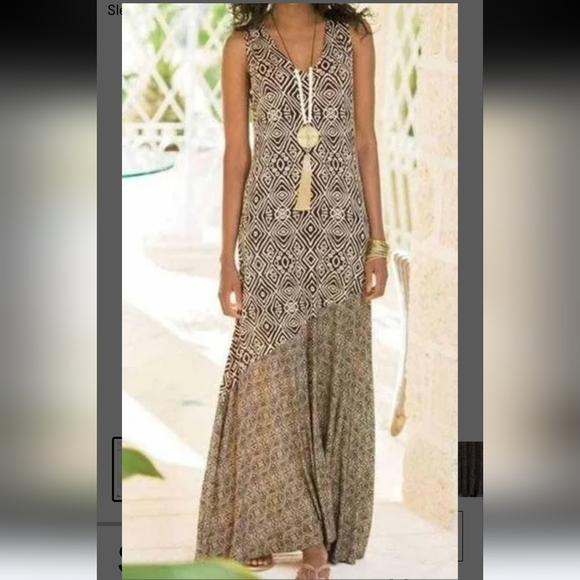 Soft Surroundings TulumTribal Bohemian Sleeveless Maxi Dress Brown Beige Size XL - Picture 2 of 12